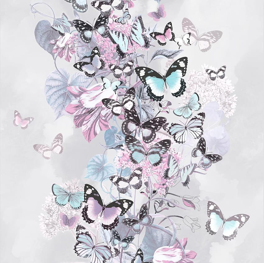 Muriva Summertime Pink Grey Blue Rose Gold Floral Butterfly Glitter, блестящи пеперуди HD тапет
