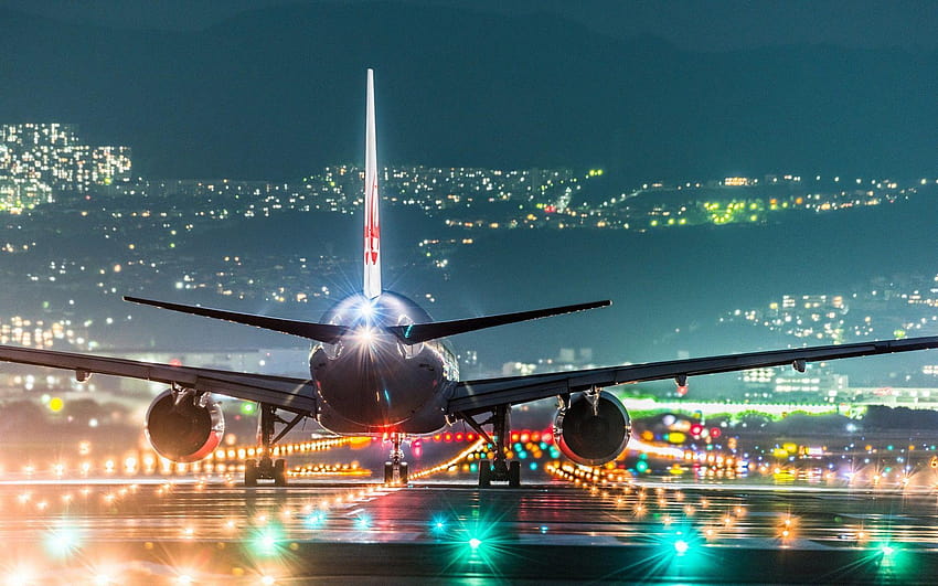 lights, runway, cityscape, wings, Osaka, Japan, airplane, night HD wallpaper
