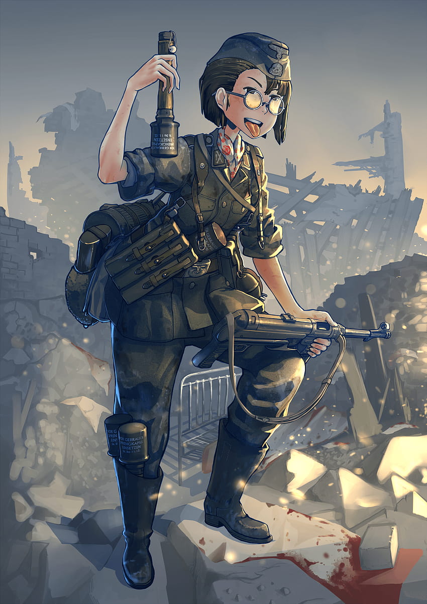 : pistola, chicas anime, cabello corto, lentes, arma, soldado, soldado nazi fondo de pantalla del teléfono