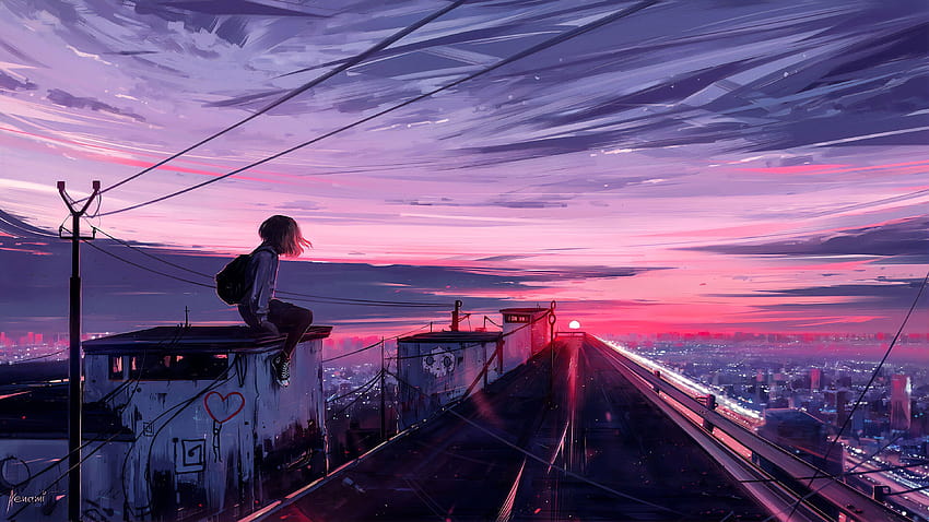 Kunstwerk digitale Kunst …, Sonnenuntergang in der Anime-Stadt HD-Hintergrundbild