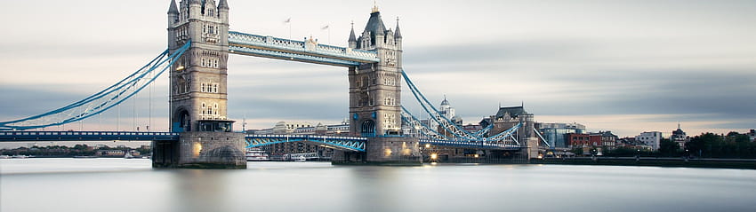 3840x1080 London Bridge, River, Cloudy Weather, 3840x1080 river HD wallpaper