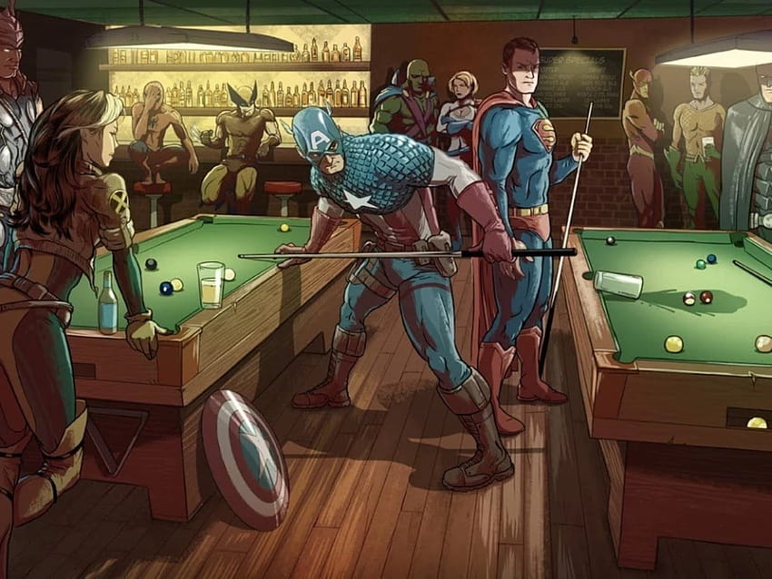 슈퍼히어로, 캡틴 아메리카, 슈퍼맨과 토르가 당구를 치고 있습니다 일러스트레이션 • 당신을 위해 당구 게임 HD 월페이퍼