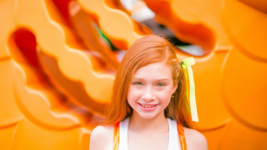 : redhead, red, yellow, orange, hair, color, child, flower, girl, beauty, smile, hand, lady, look, fun, blond, hairstyle, sweetness, facial expression 1920x1080, orange girl HD wallpaper