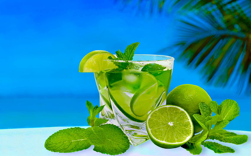 Minum Cocktail Mojito Blue Green Summer Sunny Glass Tropical Lemon Jeruk Nipis, hijau lemon Wallpaper HD