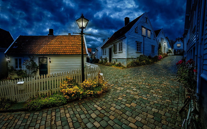 518034 architecture building nature norway house night street village street light hills clouds fence, night home HD wallpaper