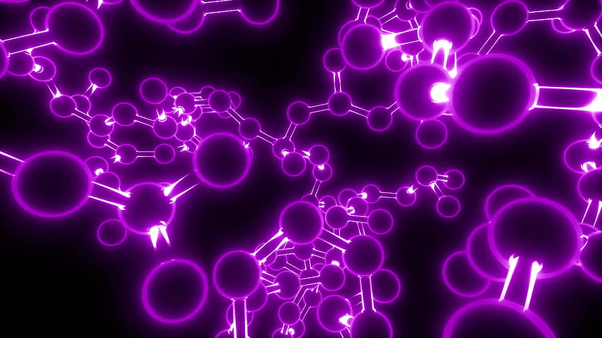 La bola de neón de la molécula y el modelo de palo vuelan a través de la química de los átomos, la química púrpura fondo de pantalla