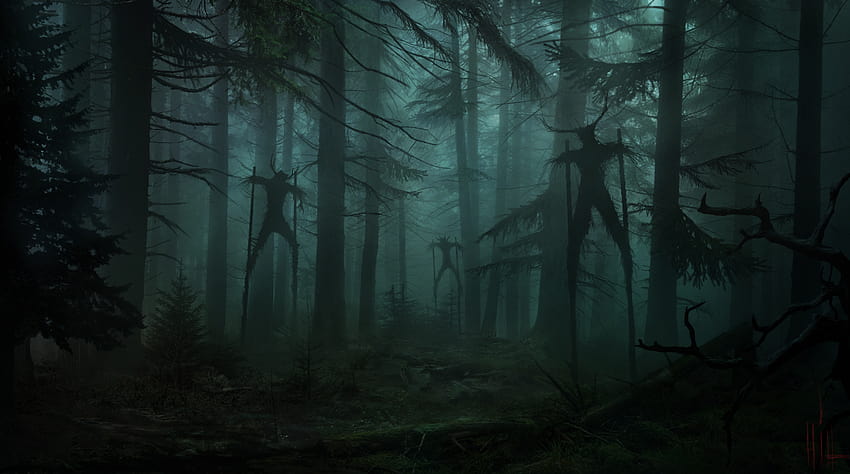 : homem de vime, horror, floresta, escuro, Mistério, colina yuri, árvores, chifres, ramo 1436x800, floresta do horror papel de parede HD