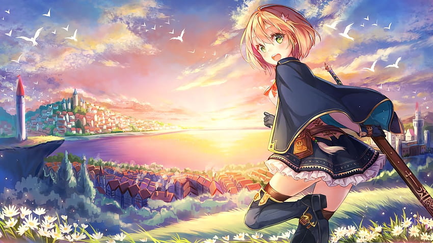 animal bird blonde hair boots building city clouds flowers gloves, anime scenery ps4 HD wallpaper