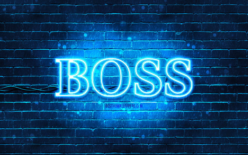 Blaues Hugo Boss-Logo, blaue Ziegelwand, Hugo Boss-Logo, Modemarken, Hugo Boss-Neonlogo, Hugo Boss mit einer Auflösung von 3840 x 2400. Hohe Qualität HD-Hintergrundbild