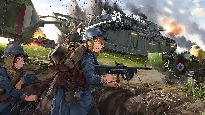 cute soldiers, anime girls, artwork, original, , background, b32be0, female anime soldiers HD wallpaper