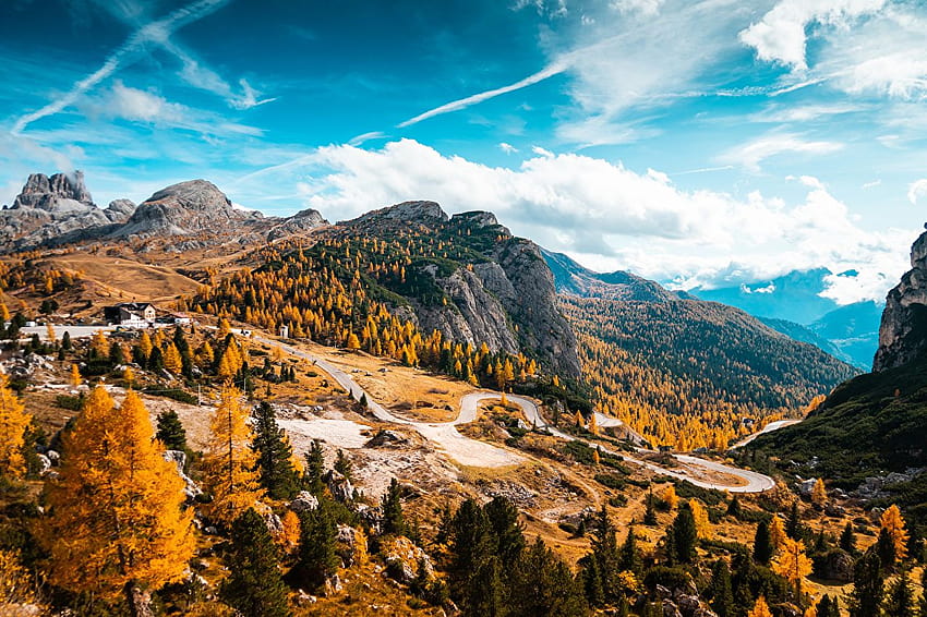 Italy Falzarego Pass, Dolomites Autumn Nature mountain Roads, italy autumn forest HD wallpaper