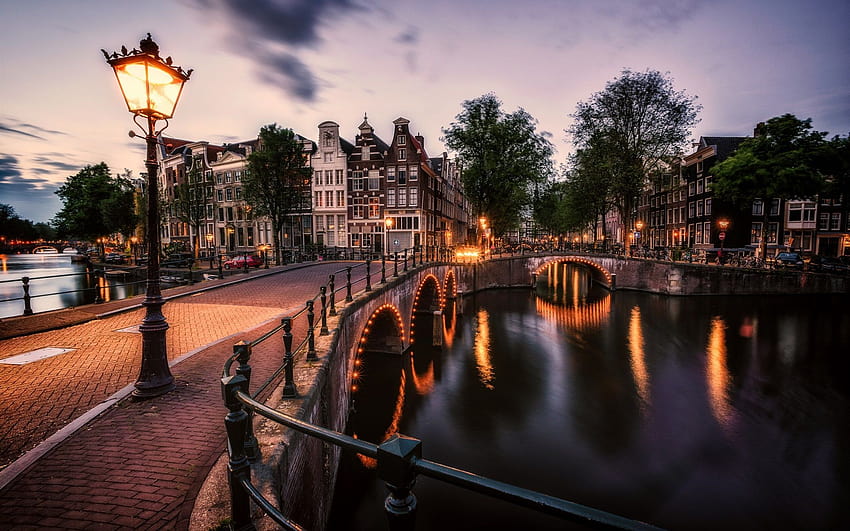 Амстердам, Холандия, мост, река, светлини, град, нощ 1920x1200 , Амстердамска нощ HD тапет