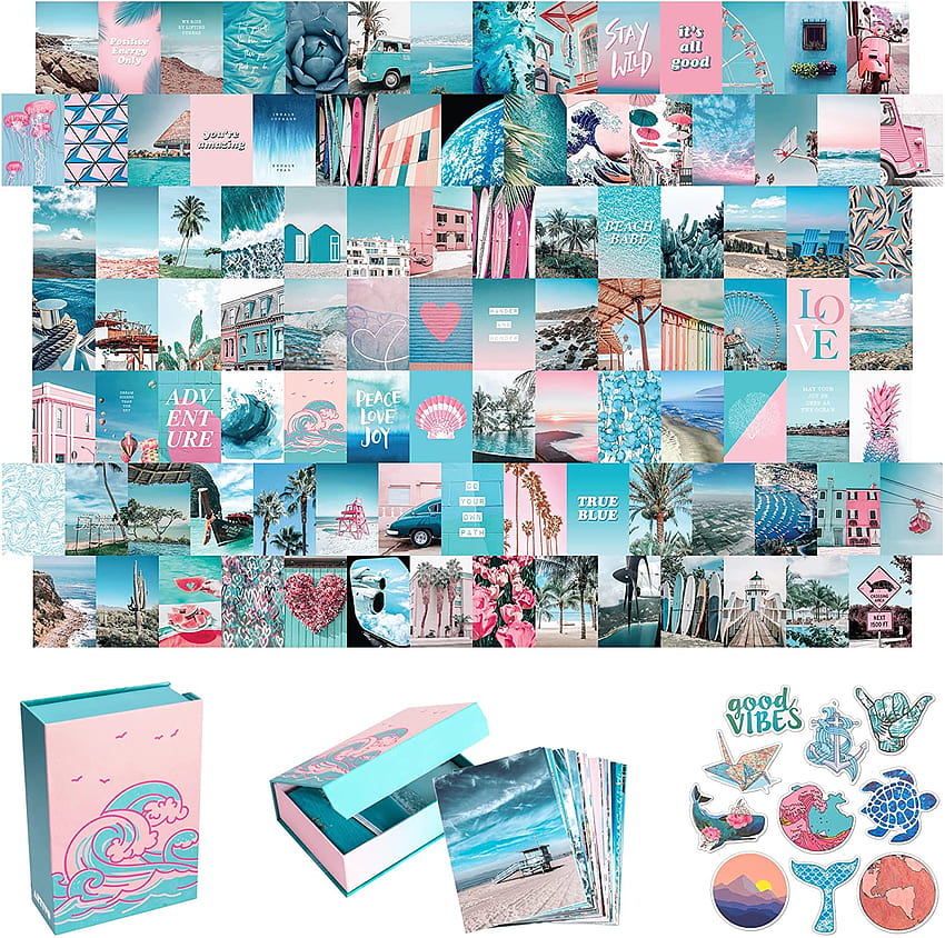 Niebieski estetyczny zestaw do kolażu ścian, 100 zestawów 4x6 cali, różowy wystrój pokoju VSCO dla nastoletnich dziewcząt, letnia plaża na ścianę Art Print, akademik, małe plakaty do estetycznego pokoju… : Dom i kuchnia, letni kolaż na plaży Tapeta HD