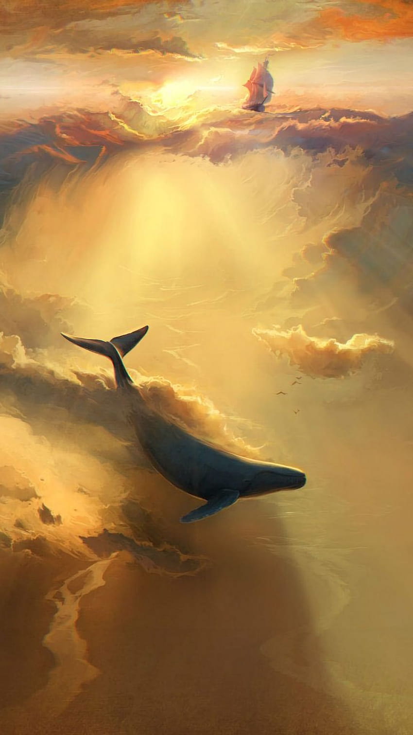 Fantasy Flying Whale Sky Clouds, Himmelswale HD-Handy-Hintergrundbild