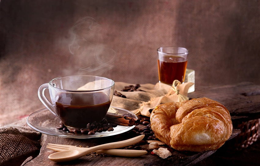 tea, coffee, cinnamon, coffee beans, croissant , section еда, cinnamon tea HD wallpaper