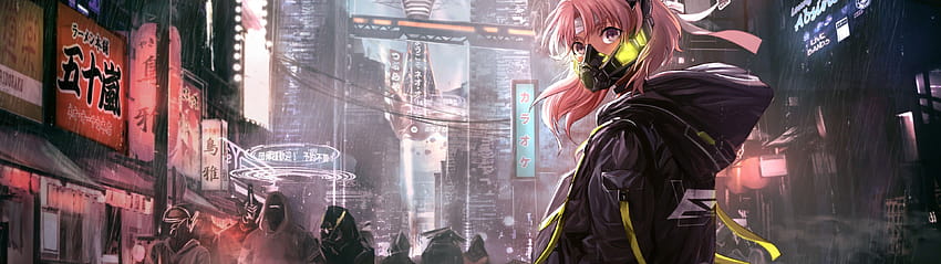 Anime Girl Mask Cyberpunk Sci, monitor dual de anime fondo de pantalla