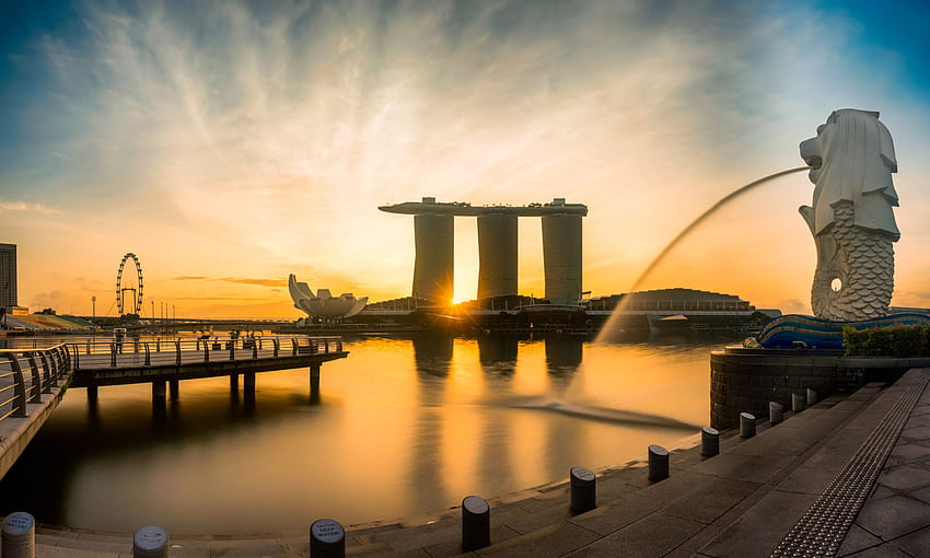 : シンガポール、日の出、朝、マーライオン、マーライオンパーク、フライヤー、マリナベイサンズ、マリーナベイ、マリーナ、ゴールデン、ブルーアワー 2048x1229、 高画質の壁紙