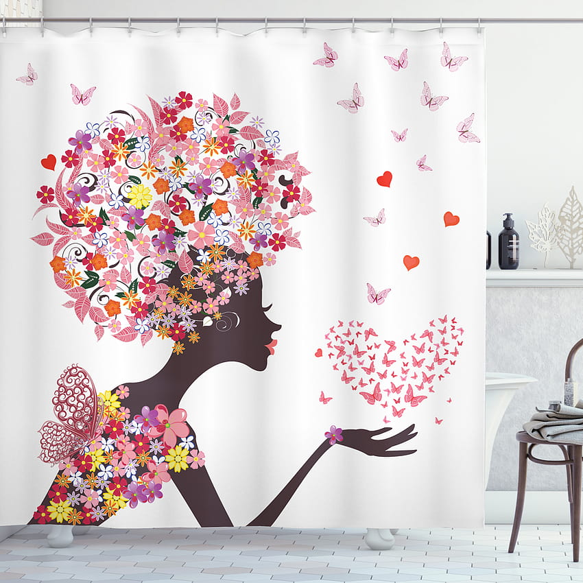 Zestaw zasłon prysznicowych z dekoracjami motyli, dziewczyna z sercem motyli ciesząca się kwiatami letnia fantazja szczęśliwa, akcesoria łazienkowe, 69W x 70L cali, przez Ambesonne Tapeta na telefon HD