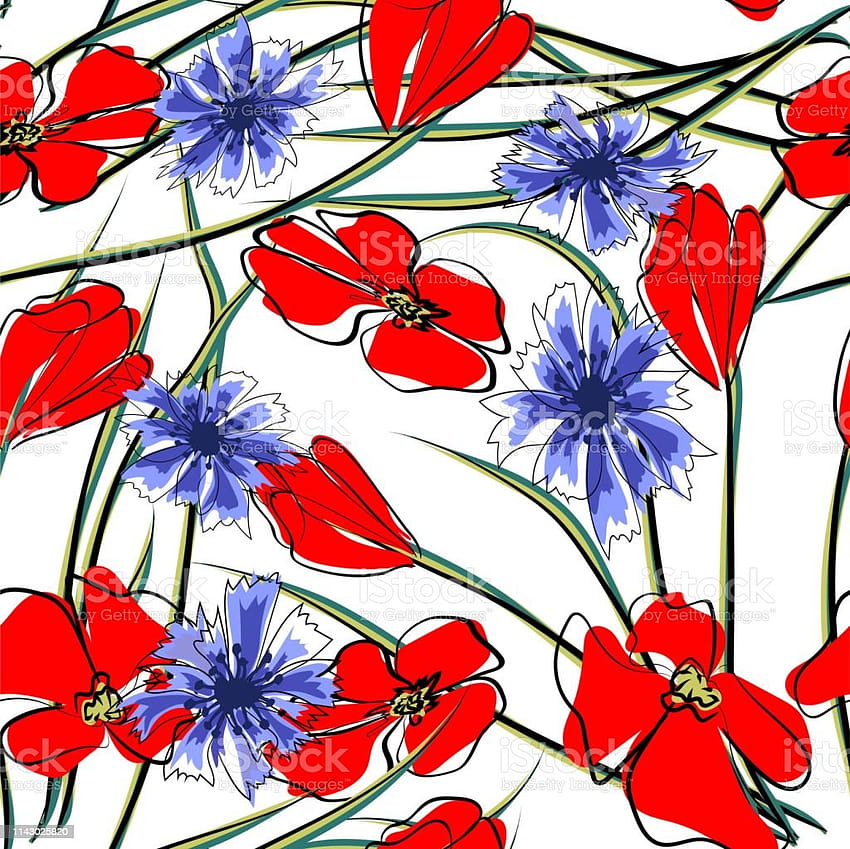 Frühlingsblumenfeld, nahtlose Musterhintergründe, rote Blumen blühender wilder Mohnblumen mit grünem Stammblatt und Blumenknospen, Blumenmuster für textile Accessoires und Innenarchitektur, Stockillustration HD-Hintergrundbild