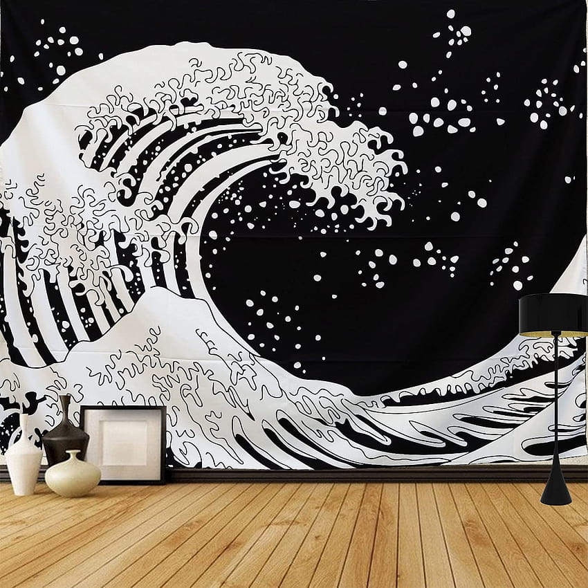 Grace Store Japanese Waves Tapestry Kanagawa Great Wave Tapestry Black and White Wall Art Home Decorations for Living Room Dorm,80 HD phone wallpaper