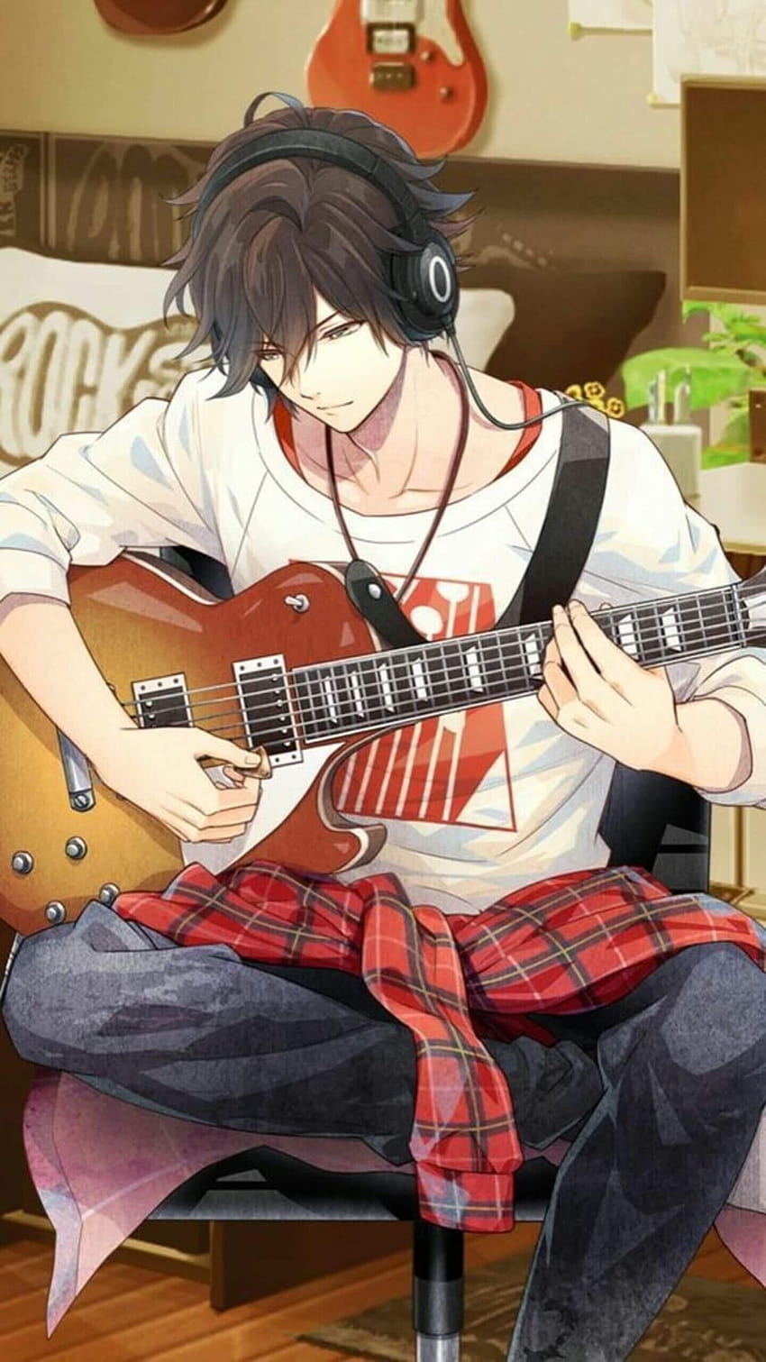Kawaii Anime Boy за Android, аниме момче, свирещо на китара HD тапет за телефон