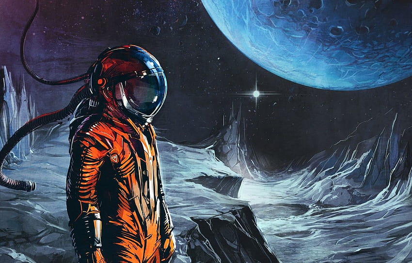 orange, music, the moon, planet, astronaut, music, the suit, space, Art, Celldweller, Transmissions vol 02 , section фантастика, astronaut music HD wallpaper