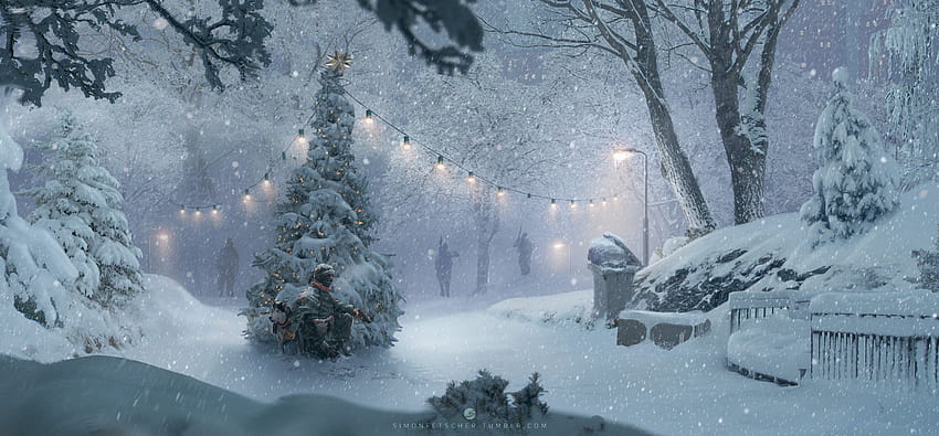 : snow, winter, artwork, dog, soldier, military, gun, night, dark, snowing, trees, trash, christmas lights, Christmas Tree 3486x1619, dark christmas forest HD wallpaper
