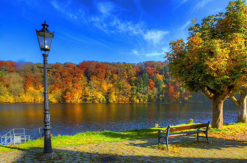 Sky autumn Ulm river germany bench lantern lamp post, autumn germany HD wallpaper