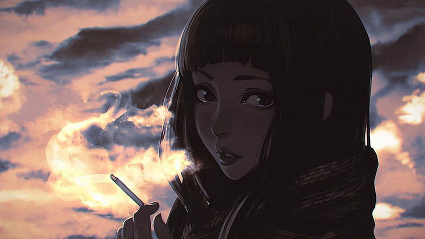 Rauchen, Gesicht, Anime-Mädchen, Cartoon, Ilya Kuvshinov, Zigaretten, dunkles Anime-Rauchen HD-Hintergrundbild