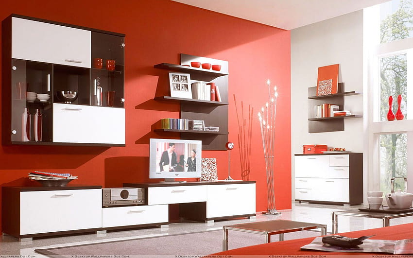 Червени фонове и дървени мебели в кабинет и телевизионна стая [1920x1080] за вашия мобилен телефон и таблет HD тапет