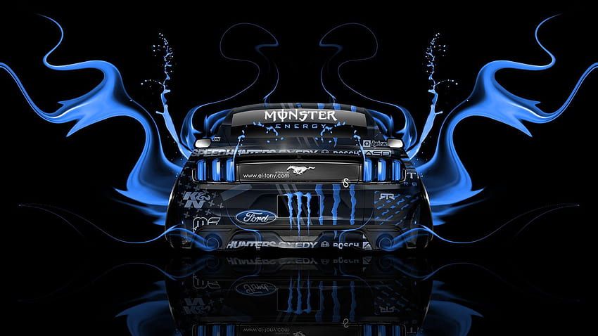 Monster Energy Ford Mustang Muscle Back Fire Acid Car 2014, monster energy logo blue HD wallpaper