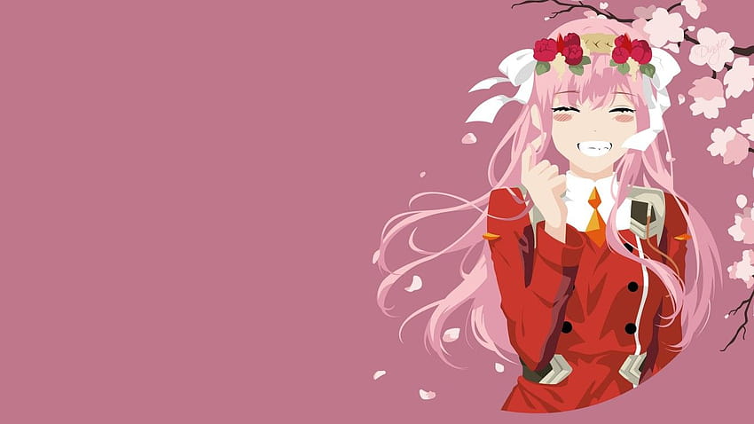darling in the franxx zero two with red rose on head with 분홍색 배경 애니메이션 HD 월페이퍼