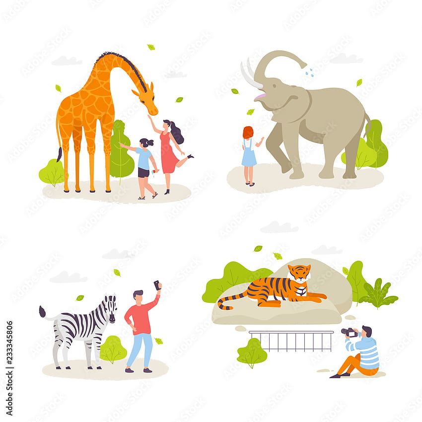 Хората в зоопарка гледат животни и си играят с тях. Сладки диви животни, весели хора, детски анимационни герои с плосък дизайн. Изолиран жираф, слон, зебра, тигър. Инфографски елементи. Стоков вектор HD тапет за телефон