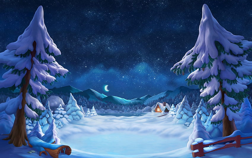 зимен приказен пейзаж, сняг, гора, нощ, звездно небе, хижа, зима с резолюция 1920x1200. Високо качество HD тапет