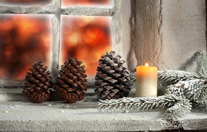 winter, light, snow, candle, window, Christmas, light, holidays, winter, snow, holidays, window, Merry Christmas, candle, fir cone, fir cone , section новый год, candle winter HD wallpaper