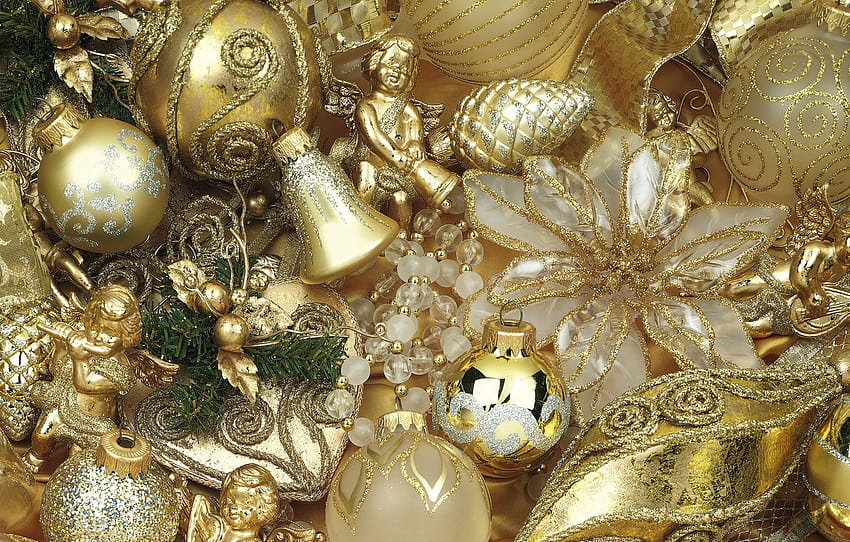 winter, balls, toys, angels, New Year, Christmas, bells, Christmas, bumps, gold, vintage, holidays, New Year, Christmas, Christmas , section новый год HD wallpaper