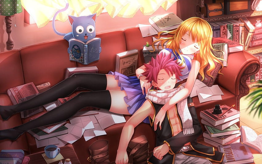 blondes, skirts, books, pink hair, Fairy Tail, thigh highs, sleeping boy anime HD wallpaper