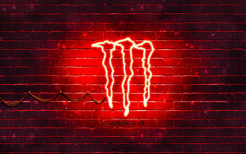 Червено лого на Monster Energy, червена тухлена стена, лого на Monster Energy, марки напитки, неоново лого на Monster Energy, Monster Energy с резолюция 3840x2400. Високо качество, чудовищно червено HD тапет