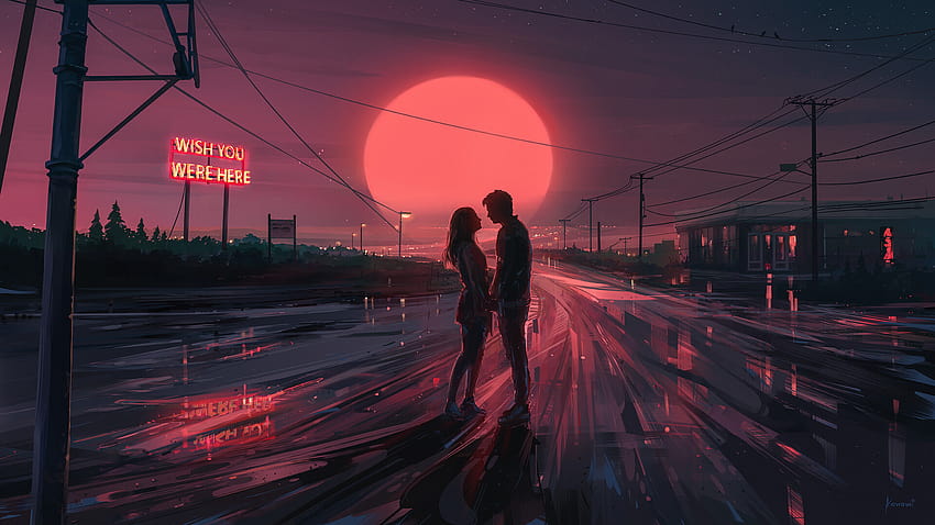 Digital Painting Romantic Night Couple Aenami Sunset Road Love Power Lines  Neon Sign, neon couple HD wallpaper | Pxfuel
