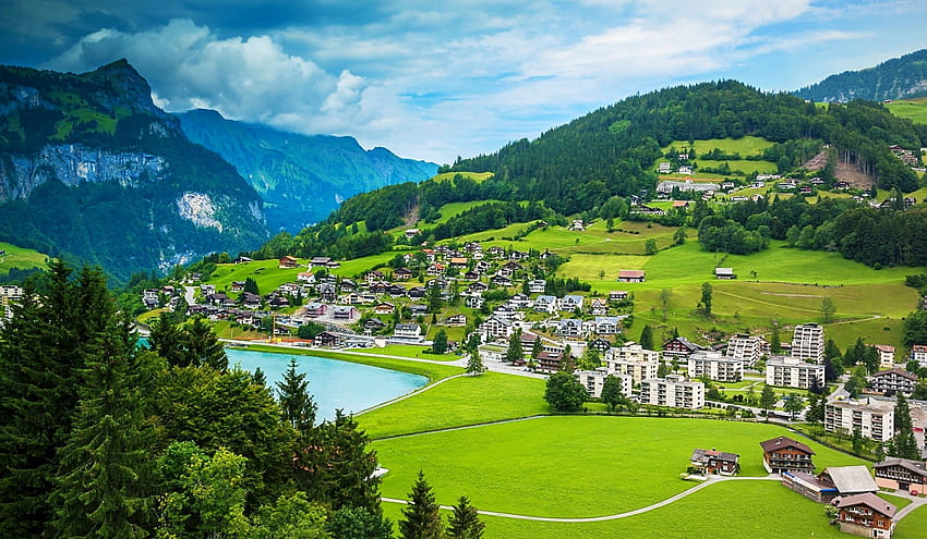 Houses Lake Town Alps Forest Buildings Switzerland Mountains Grass Green Clouds Beautiful Cliffs Lawn Japanese, lake swiss alps HD wallpaper
