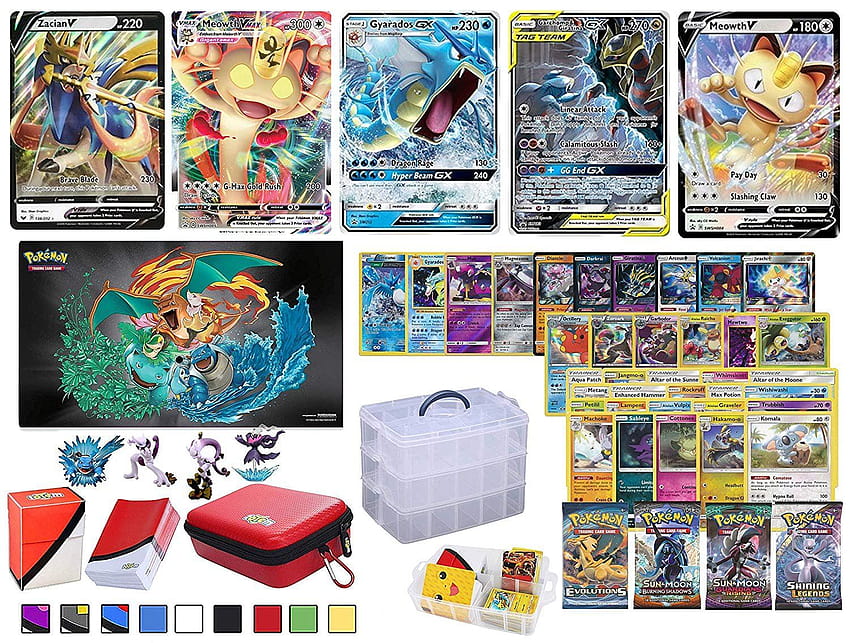 Totem World 100 Pokemon Cards Includes V VMAX Tag Team GX Mega EX Trainer or Shining Holo, 10 Rares, 4 Booster Packs, 100 Sleeves, Zipper Card Case, Deck Box, Figure & 3 HD wallpaper