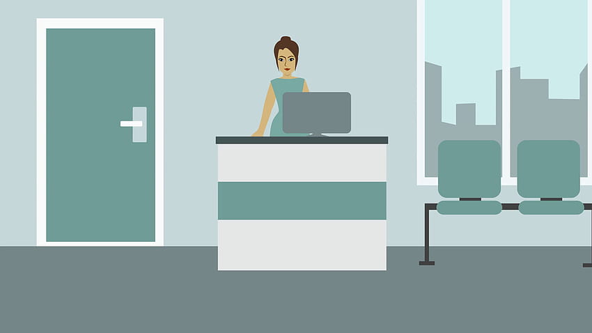 2D animation, portrait of receptionist standing at the reception desk. Zooming in, woman waving and smiling, zooming out. Service, occupation, welcoming. Motion Backgrounds 00:07 SBV HD wallpaper
