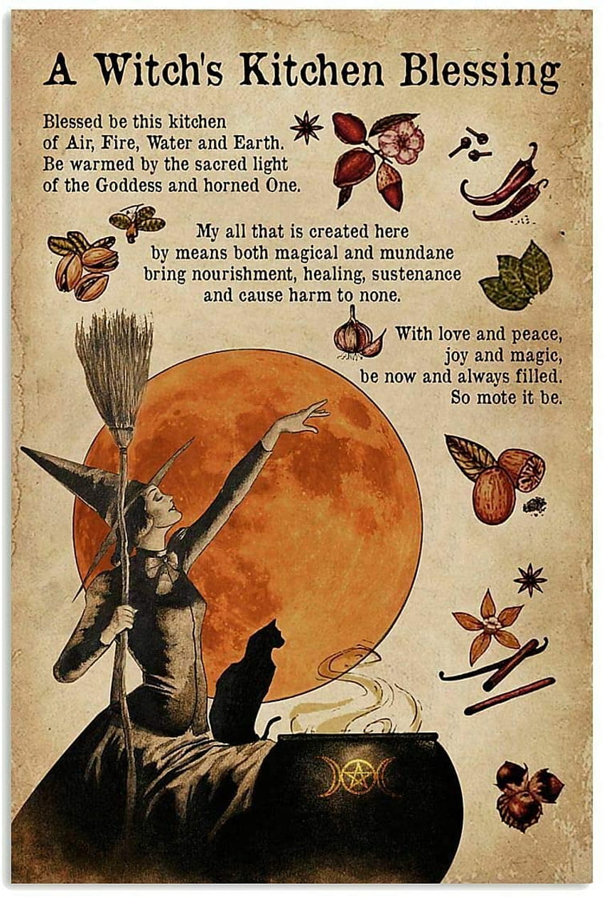 Eeypy Vintage Halloween A Witch is Kitchen Blessing 포스터 Art for Home Decor Pub 재미있는 참신 커피숍 화장실 클럽 야드 가든 농장 벽 장식 포스터 Street Metak Tin Signs 8x12, 빈티지 할로윈 마녀 HD 전화 배경 화면