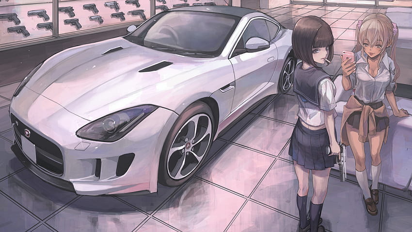 Anime Sport Car, Anime Girls, School Girls, Weapon, anime car girl HD wallpaper