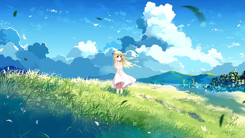 Landscape, Blonde Anime Girl, Clouds, Outdoor, Cute, , Background, 868489, cute green anime landscape HD wallpaper