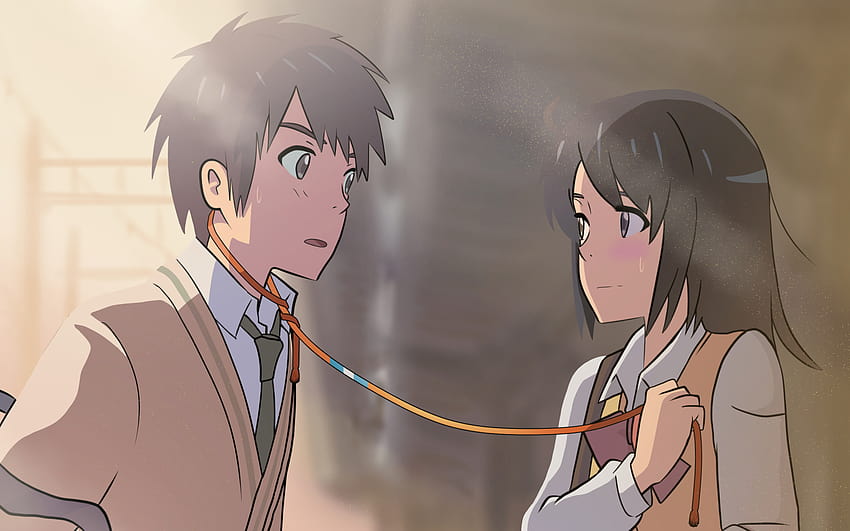 Mitsuha And Taki Kurzes Haar Komet Händchen Halten Mitsuha Miyamizu Lächeln Tachibana Roter