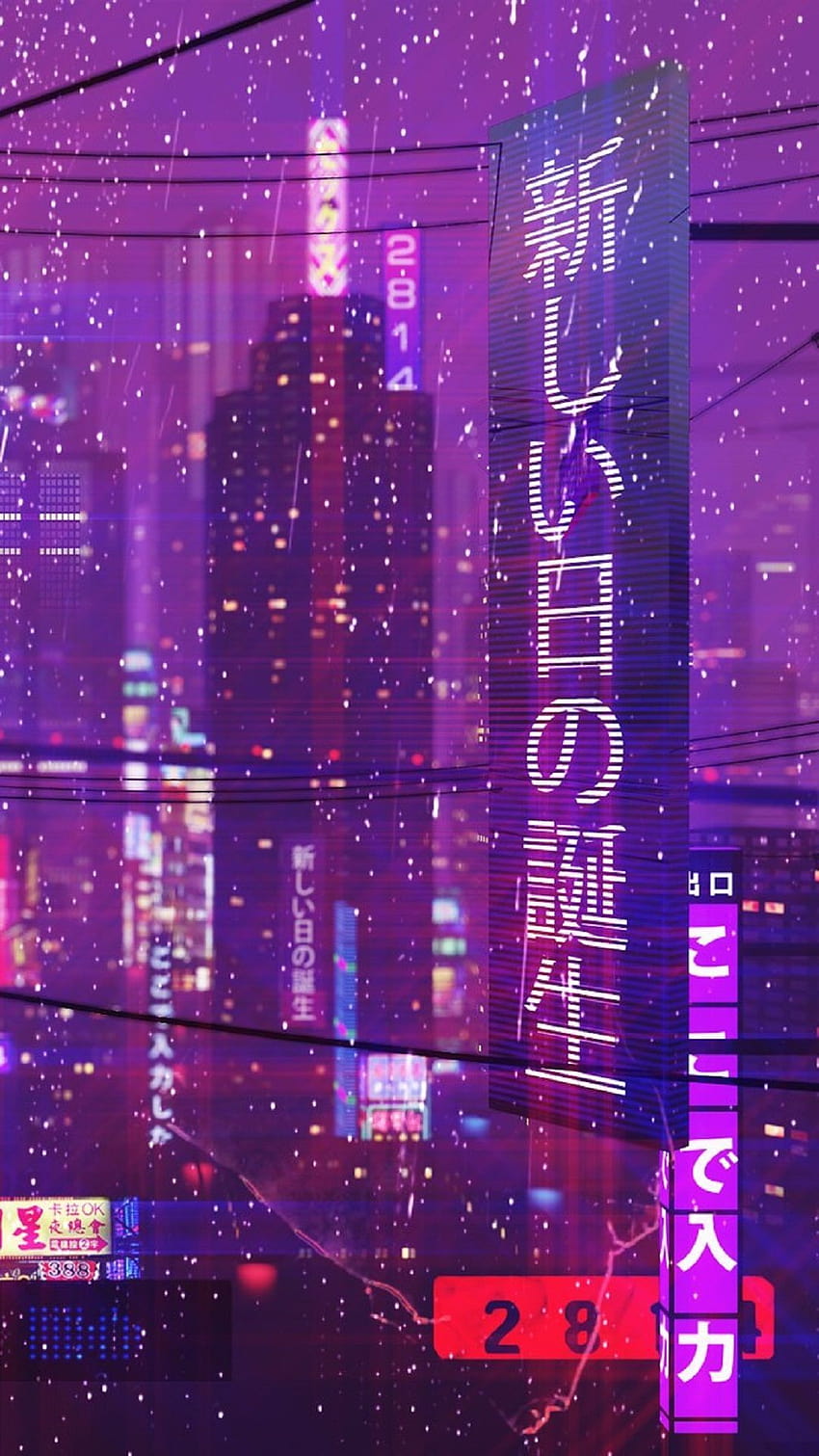 Çyber Füture, японско ретро улично изкуство лилаво HD тапет за телефон