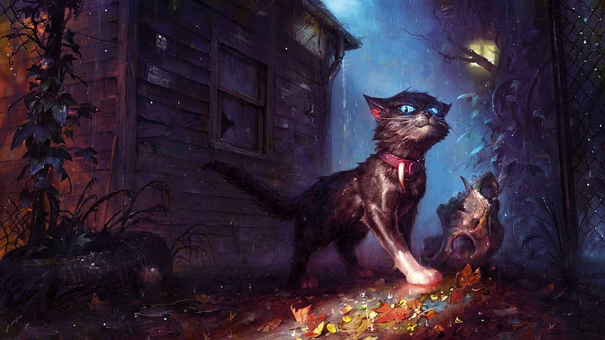 1920x1080 Creepy Cat, Fantasy Pets, Raining, Autumn, fantasy cat HD wallpaper