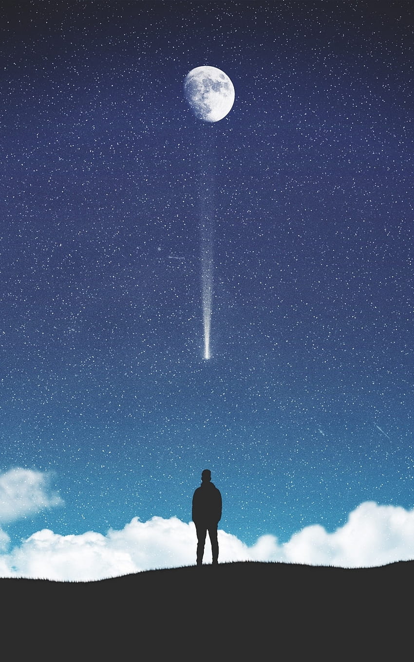 1600x2560 Lonely Man Silhouette, Moon, Starry Sky, Scenic, Mood, Loneliness for Google Nexus 10, lonely person HD phone wallpaper