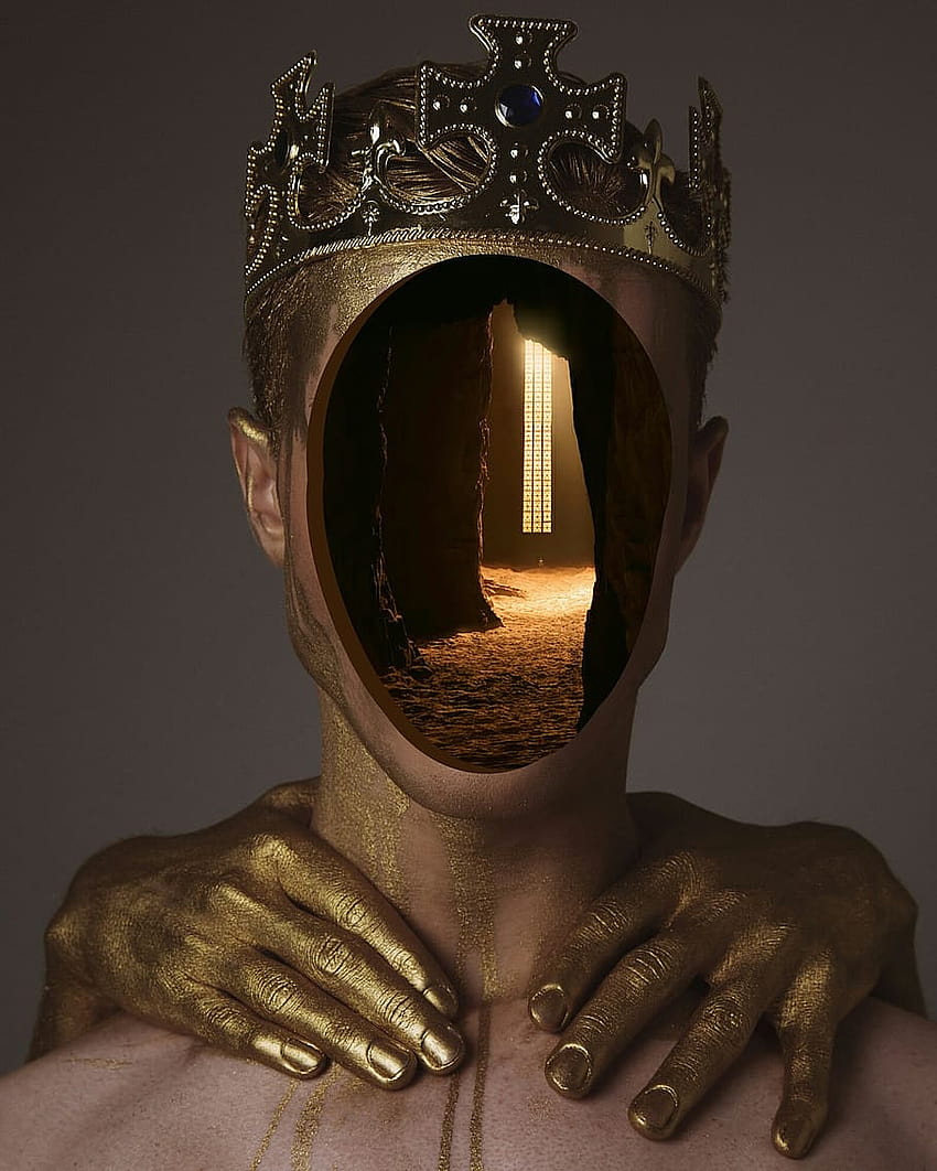 : escultura, estátua, meditação, dourado, cara, coroa, coroa quebrada Papel de parede de celular HD